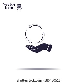 circular arrows on hand icon, vector illustration. Flat design style