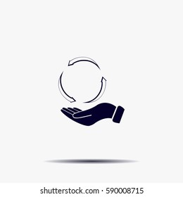 circular arrows on hand icon, vector illustration. Flat design style