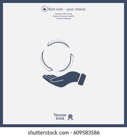circular arrows on hand icon, vector illustration. Flat design style