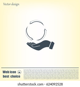 circular arrows on hand icon, vector illustration. Flat design style