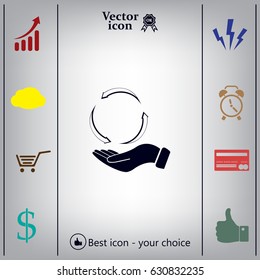 circular arrows on hand icon, vector illustration. Flat design style