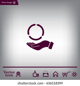 circular arrows on hand icon, vector illustration. Flat design style
