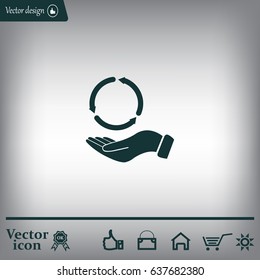 circular arrows on hand icon, vector illustration. Flat design style