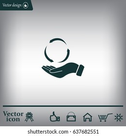 circular arrows on hand icon, vector illustration. Flat design style