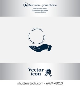 circular arrows on hand icon, vector illustration. Flat design style