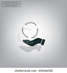 circular arrows on hand icon, vector illustration. Flat design style