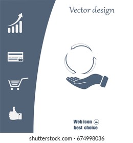 circular arrows on hand icon, vector illustration. Flat design style