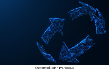 Circular arrows. Polygonal construction of concatenated lines. Blue background