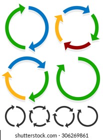 Circular arrows for recycle, repetition, rotation or cycle, synchronization, forward/backward concepts. Arrows in circle vector graphics.