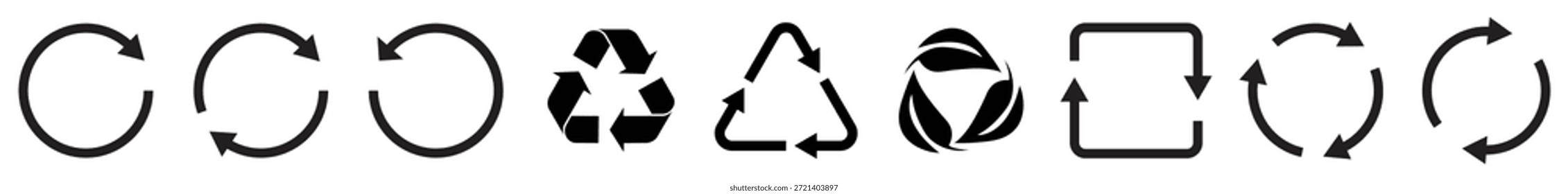 Kreisförmige Pfeile und Recycling-Symbole für Auffrischung, Reload, Sync und Öko-Konzept. Flaches Design. Vektorgrafik.