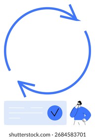Setas circulares representando um ciclo, uma pessoa ponderando, caixa de seleção azul com um tique. Ideal para processos de negócios, fluxo de trabalho, tomada de decisões, gerenciamento de projetos, produtividade, planejamento, estratégia