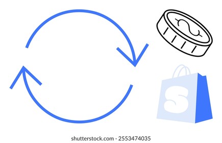 Circular arrows rotate around a coin and a shopping bag, indicating a trade or transaction process. Ideal for business, e-commerce, finance, transaction flow, and exchange concepts. Simple vector