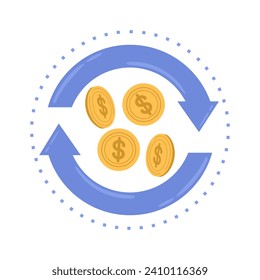 Circular arrows or round arrow with gold dollar coins. Concept of business, marketing, Return money in shopping, payment with retrieval or comeback money. Return of Investment.Flat vector illustration