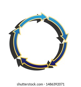 Circular arrows sign. Blue icon with gold contour with dark gray shadow at white background. Illustration.