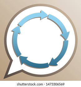 Circular arrows sign. Bright cerulean icon in white speech balloon at pale taupe background. Illustration.