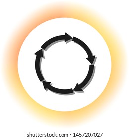 Circular arrows sign. Dark icon with shadow on the glowing circle button. Illustration.