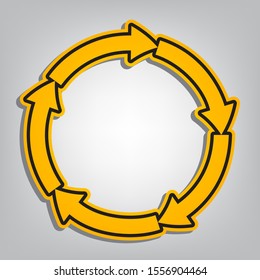 Circular arrows sign. Flat orange icon with overlapping linear black icon with gray shadow at whitish background. Illustration.