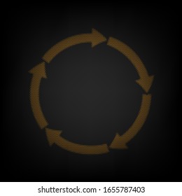 Circular arrows sign. Icon as grid of small orange light bulb in darkness. Illustration.