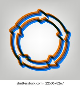 Rundpfeile-Zeichen. Starkes Symbol auf grauem Hintergrund in Orange, Azurblau und alten Lavendelfarben. Illustration.