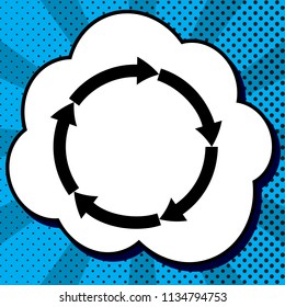 Circular arrows sign. Vector. Black icon in bubble on blue pop-art background with rays.