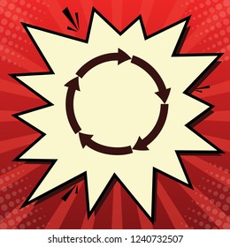 Circular arrows sign. Vector. Dark red icon in lemon chiffon shutter bubble at red popart background with rays.