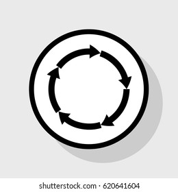 Circular arrows sign. Vector. Flat black icon in white circle with shadow at gray background.