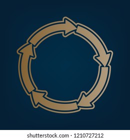 Circular arrows sign. Vector. Golden icon and border at dark cyan background.