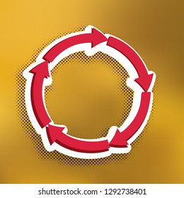 Circular arrows sign. Vector. Magenta icon with darker shadow, white sticker and black popart shadow on golden background.