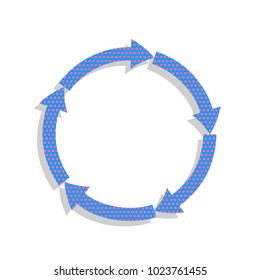 Circular arrows sign. Vector. Neon blue icon with cyclamen polka dots pattern with light gray shadow on white background. Isolated.