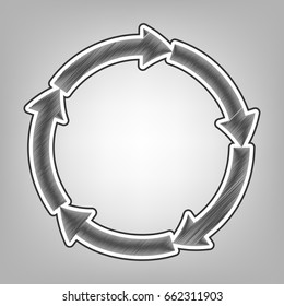 Circular arrows sign. Vector. Pencil sketch imitation. Dark gray scribble icon with dark gray outer contour at gray background.