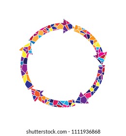 Circular arrows sign. Vector. Stained glass icon on white background. Colorful polygons. Isolated.