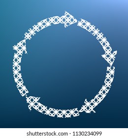 Circular arrows sign. Vector. White textured icon at lapis lazuli gradient background.