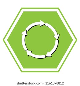 Circular arrows sign. Vector. White icon with black shadow at yellow green honeycomb on white background.