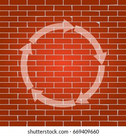 Circular arrows sign. Vector. Whitish icon on brick wall as background.