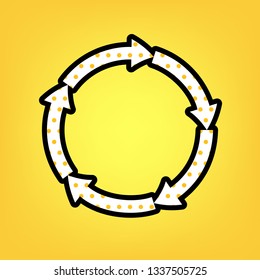 Circular arrows sign. Vector. Yellow polka dot white icon with black contour at warm yellow background.