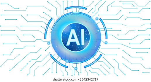 Circular artificial intelligence chip with interconnected circuits on a transparent background, digital lines of a circuit board, artificial intelligence technology background