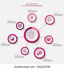 Circular asimeric infographics in pink tones with icons