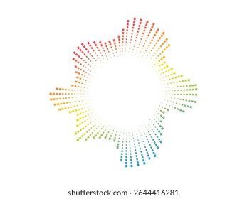 Padrão de onda de cor de áudio circular com pontos irradiando para fora. O design vetorial representa ondas de neon de som e visualização de música em um estilo minimalista.