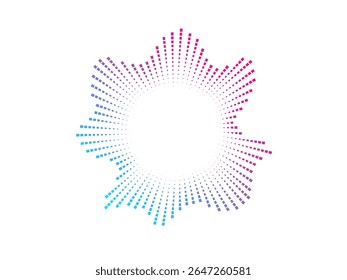 Circular audio color wave pattern created with dots. The vector design represents neon sound waves and music visualization in a symmetrical layout.