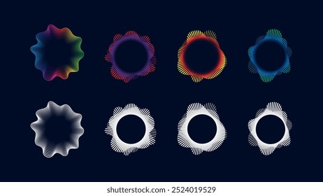 Circular audio equalizer soundwave pattern set. Voice recognition technology graphic element, high tech aesthetic with neon color.