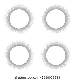Coleção de ondas de áudio circulares. Equalizador de música circular vetorial, sinal de espectro de círculo de áudio. Design de espectro radial isolado. Símbolo de volume de voz e rádio radial abstrato