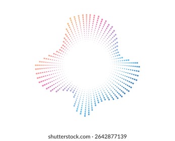 Circular audio wave color pattern created with dots. The vector design represents neon sound waves and music visualization in a minimalist style.