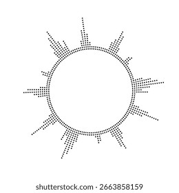 Onda de áudio circular em vetor. Equalizador de música redonda, sinal de espectro de círculo de áudio. Design de espectro radial isolado. Símbolo de volume de voz e rádio radial abstrato