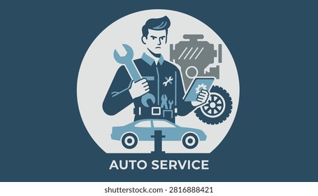 Circular auto service emblem featuring a confident mechanic holding a wrench with a car and engine in backdrop.