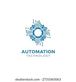 Logotipo de tecnología de automatización circular con un engranaje con conexiones de circuito integradas, que simboliza la inteligencia y la precisión.