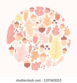 Circular autumn composition with fallen oak tree leaves, acorns and berries isolated on white background. Decorative design element. Colorful seasonal vector illustration in modern flat style.