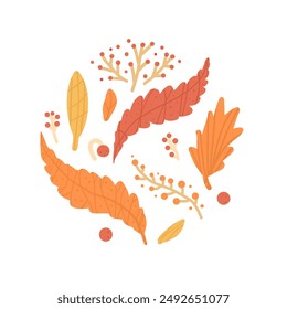 Circular autumn composition featuring leaves, twigs, berries in warm fall colors. Round emblem of fall forest. Vector hand drawn illustration isolated on white background.