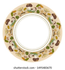 Circular autumn ornament with wild mushrooms and leaves. Vector illustration