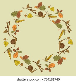 circular autumn pattern with snail, cone, acorn, leaf