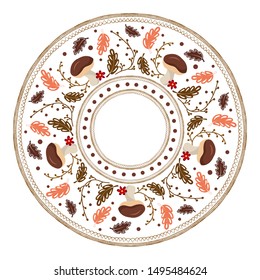 Circular autumn pattern with wild mushrooms and leaves. Colorful plate. Vector illustration